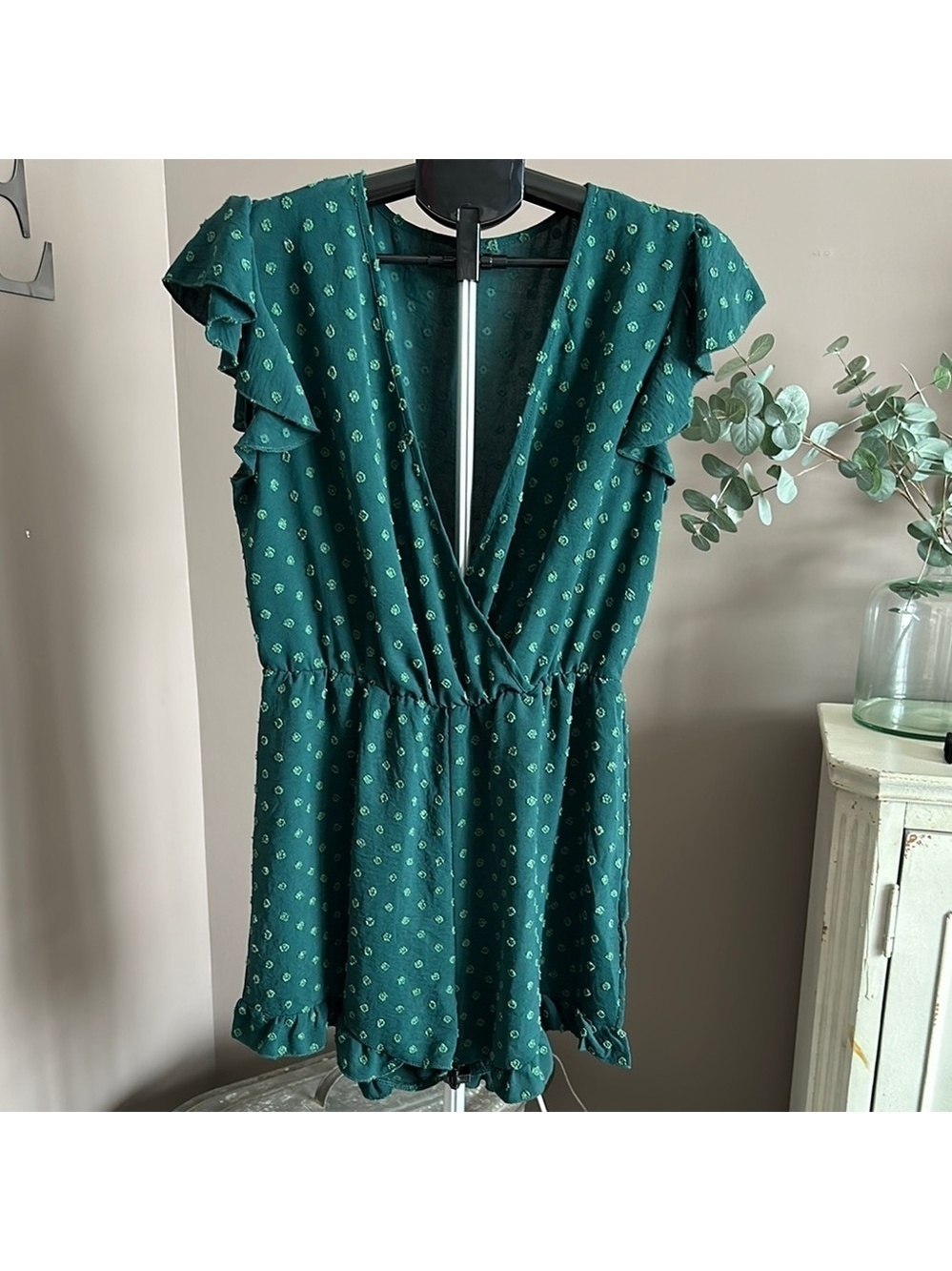 SHEIN Green Ruffled V-Neck Romper